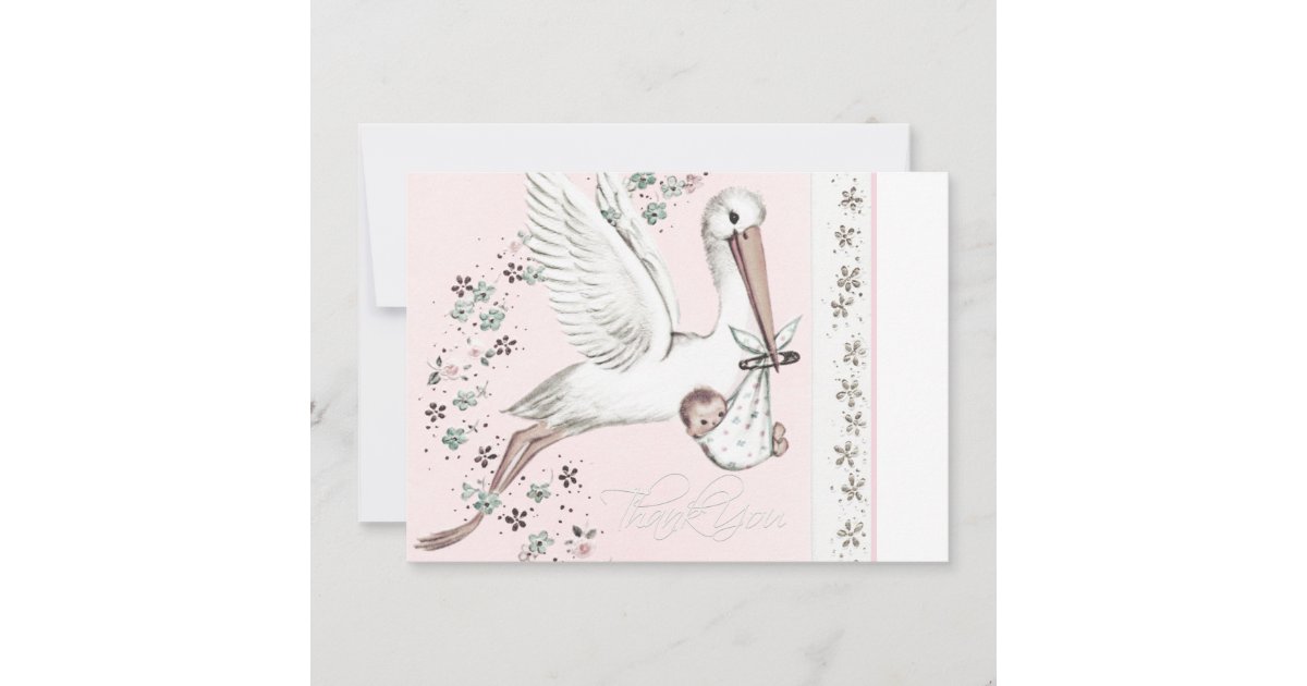 Vintage Pink Stork Baby Shower Thank You Zazzle Com