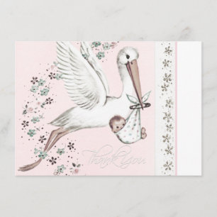Vintage Pink Stork Baby Shower Thank You Card