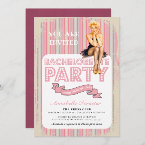 Vintage Pink Stripe Retro Pin Up Girl Bachelorette Invitation