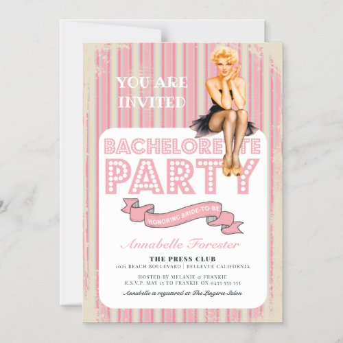 Vintage Pink Stripe Retro Pin Up Girl Bachelorette Magnetic Invitation