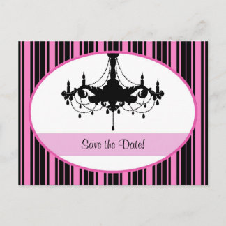 Vintage Pink Stripes and Chandelier Save the Date Announcement Postcard