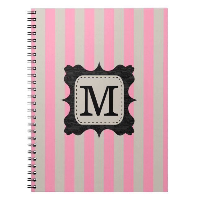 Vintage Pink Stripes Pattern Black Custom Monogram Notebook (Front)