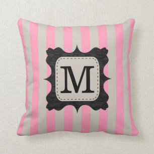 Vintage Pink Stripes Pattern Black Custom Monogram Throw Pillow