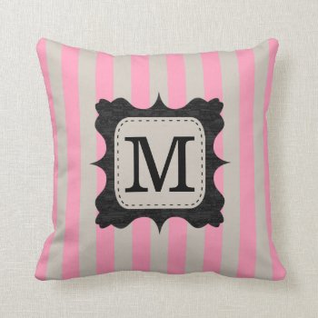 Vintage Pink Stripes Pattern Black Custom Monogram Throw Pillow by VintageDesignsShop at Zazzle