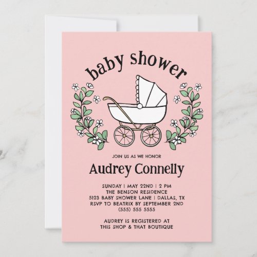 Vintage Pink Stroller Greenery Girl Baby Shower Invitation