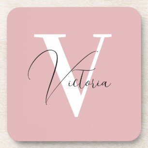 Vintage pink stylish chic custom monogram beverage coaster
