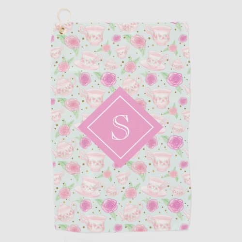 Vintage Pink Tea Party Pattern Monogram Golf Towel