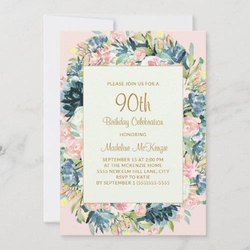 Vintage Pink Teal Botanical Floral 90th Birthday  Invitation