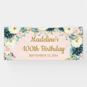 Vintage Pink Teal Cream Floral Botanical 100th Banner