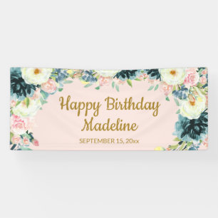Vintage Pink Teal Cream Floral Happy Birthday Banner