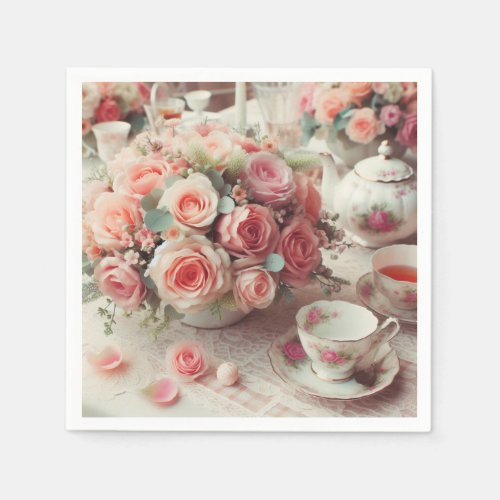 Vintage Pink Teapot Rose Floral  Napkins