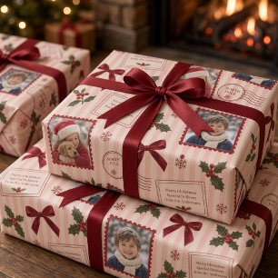 Vintage Pink Ticking Stripe Photo Collage Wrapping Paper