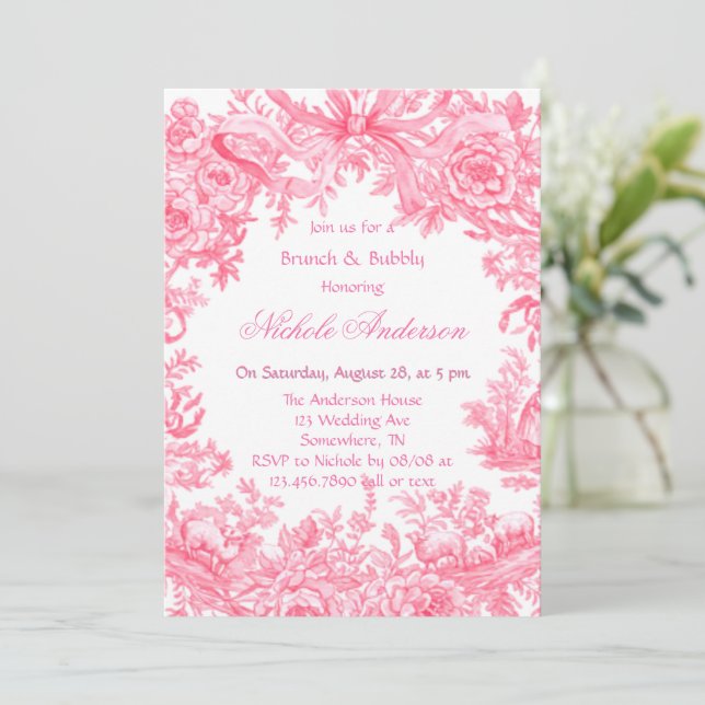 Vintage Pink Toile Flower Brunch & Bubbly Invitation (Standing Front)