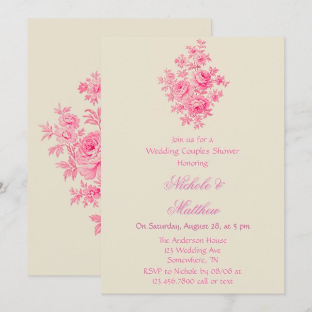 Vintage Pink Toile Flower Wedding Couples Shower Invitation (Front/Back)