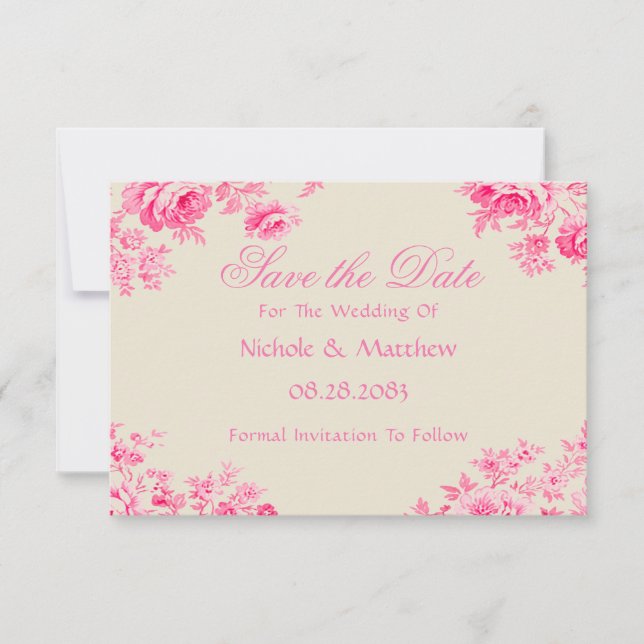Vintage Pink Toile Flower Wedding Save The Date (Front)
