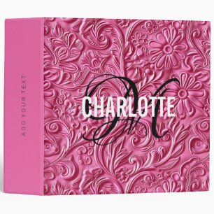 Vintage pink tooled leather monogram name 3 ring binder