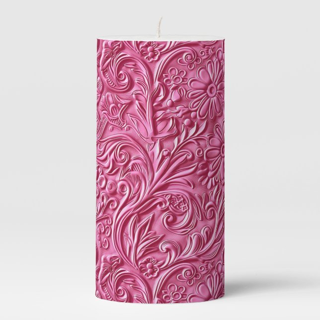 Vintage pink tooled leather pillar candle (Front)
