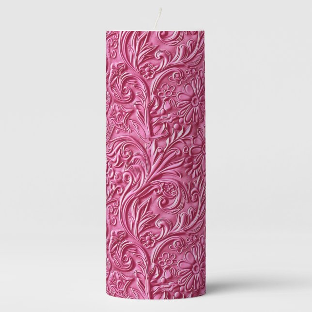 Vintage pink tooled leather pillar candle (Front)