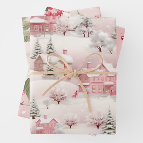 Vintage Pink Tree Pattern Wrapping Paper Sheets