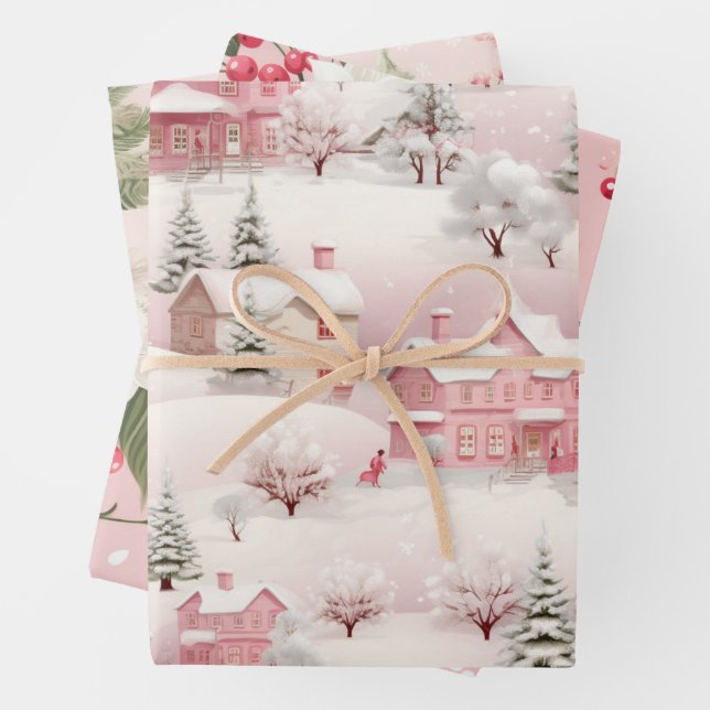 Vintage Pink Tree Pattern Wrapping Paper Sheets (In situ)