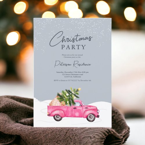 Vintage pink truck blue snow Christmas Invitation
