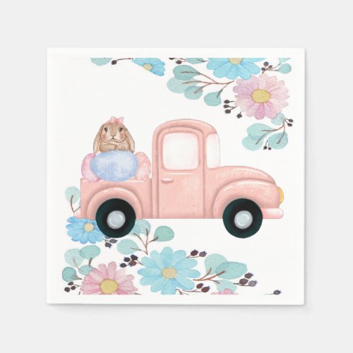 Vintage Pink Truck Bunny Baby Shower Napkins