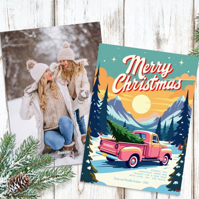 Vintage Pink Truck Christmas Card (Retro Christmas Card)