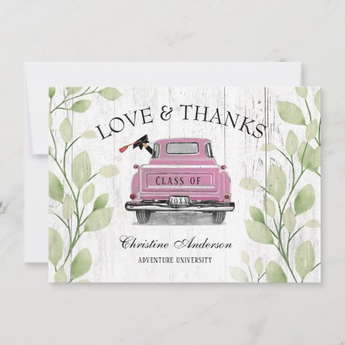 Vintage Pink Truck Greenery Love Thanks Graduation Thank You Card