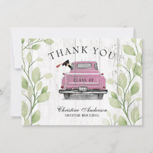 Vintage Pink Truck Greenery Rustic Graduation Thank You Card