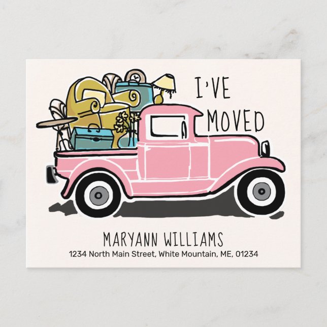 Vintage Pink Truck Moving Announcement Postcard (Front)