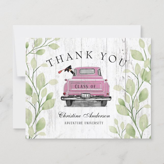 Vintage Pink Truck Rustic Graduation Thank You (Front)