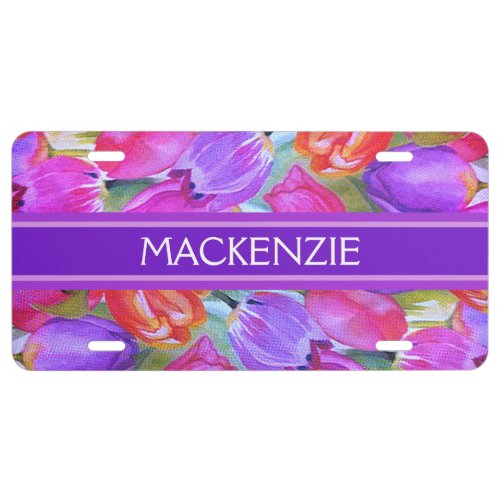 Vintage Pink Tulip Watercolor Floral License Plate