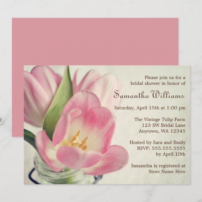 Vintage Pink Tulips Mason Jar Invitation (Front/Back)