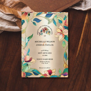 Vintage Pink Turquoise Stained Glass Art Nouveau Foil Invitation