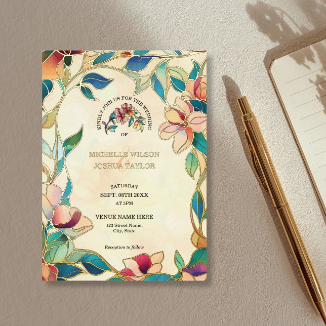 Vintage Pink Turquoise Stained Glass Art Nouveau Foil Invitation (Creator Uploaded)