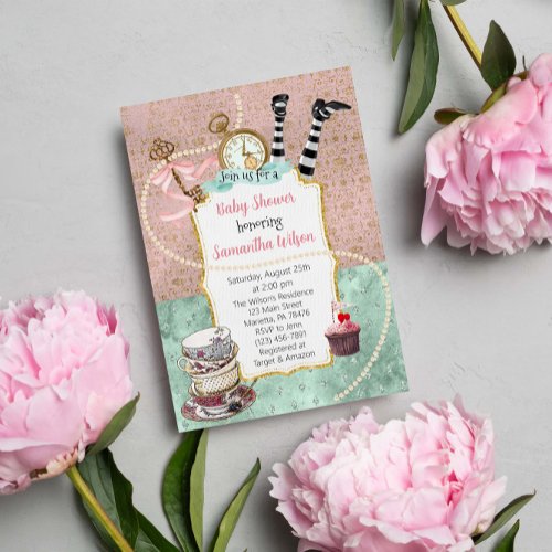 Vintage Pink  Turquoise Wonderland Baby Shower Invitation