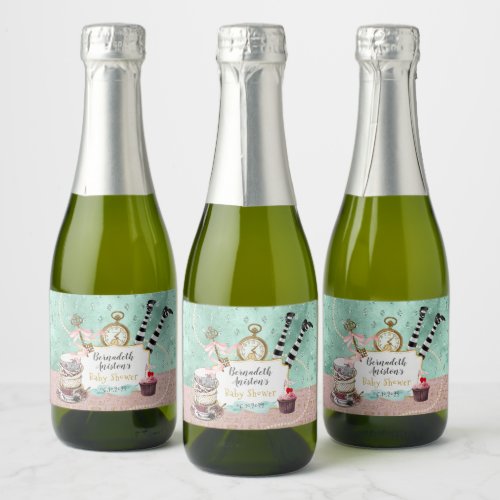 Vintage Pink  Turquoise Wonderland Baby Shower Sparkling Wine Label