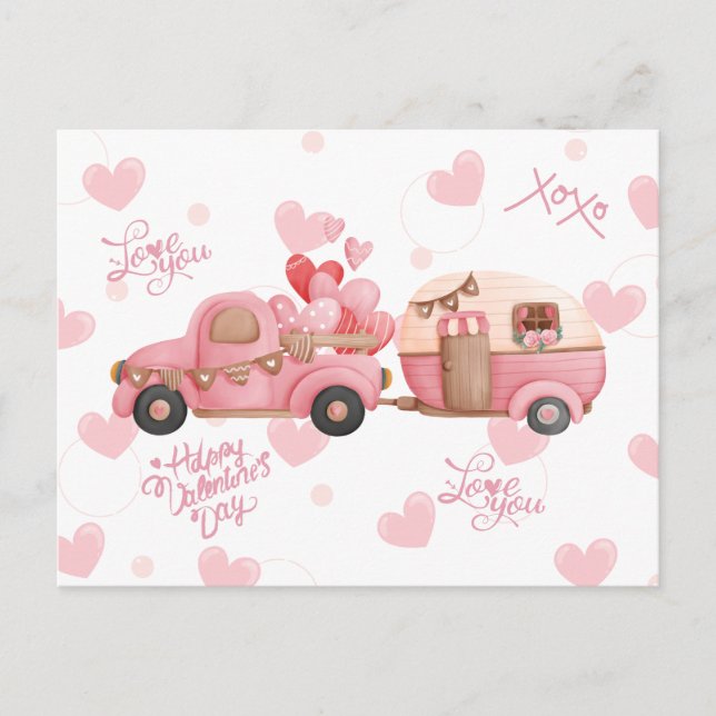 Vintage Pink Valentine's Day Truck and Hearts Postcard (Front)
