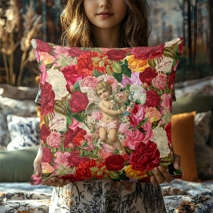 Vintage Pink Victorian Cherub Rose Shabby Chic Throw Pillow