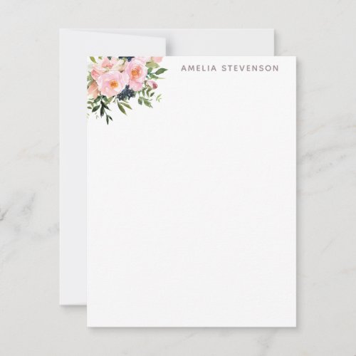 Vintage Pink Watercolor Florals Personalized Note Card