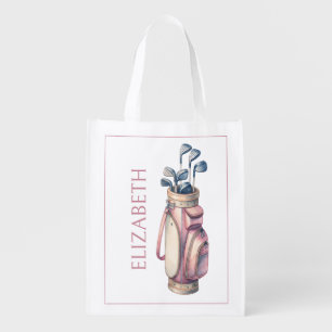 Vintage Pink Watercolor Golf Clubs Personalized Grocery Bag