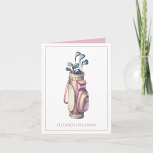 Vintage Pink Watercolor Golf Clubs Personalized Note Card
