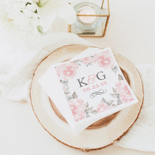 Vintage Pink Watercolor Rose Wedding Monogram Paper Napkins