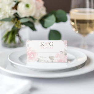 Vintage Pink Watercolor Rose Wedding Monogram Place Card