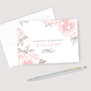 Vintage Pink Watercolor Rose Wedding Monogram Thank You Card