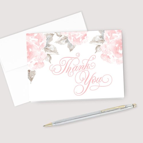Vintage Pink Watercolor Rose Wedding Thank You Card