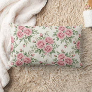 Vintage Pink Watercolor Roses Floral Seamless Lumbar Pillow