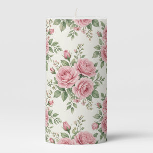 Vintage Pink Watercolor Roses Floral Seamless Pillar Candle