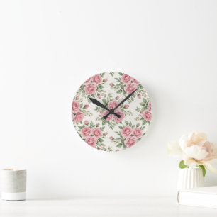 Vintage Pink Watercolor Roses Floral Seamless Round Clock