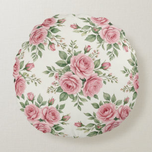 Vintage Pink Watercolor Roses Floral Seamless Round Pillow
